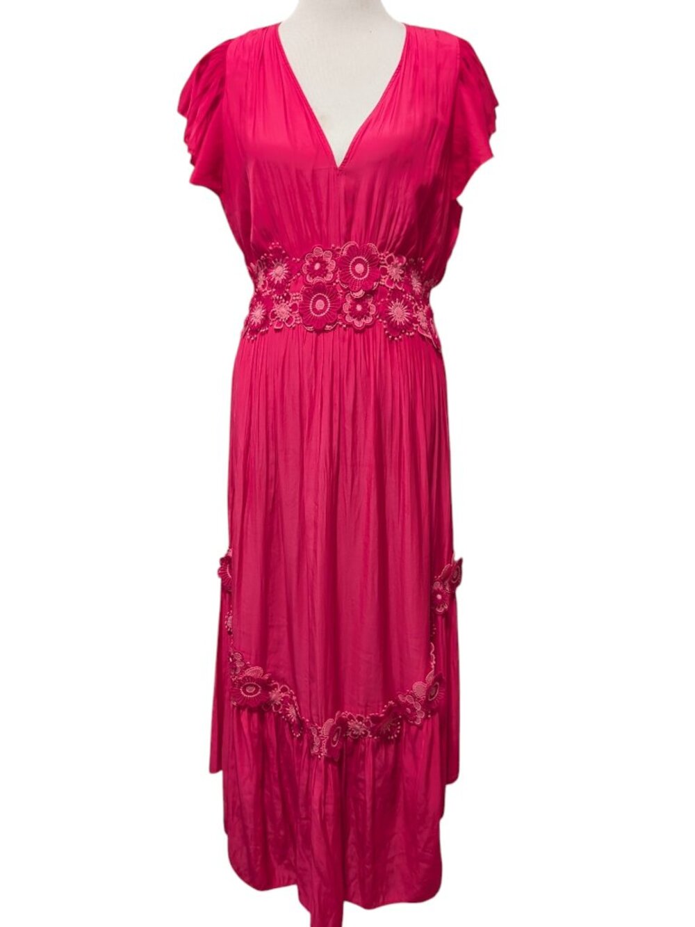 Ramy Brook Womens Size L Pink Lena Floral Embellished Flutter Ruffles Maxi Dress
